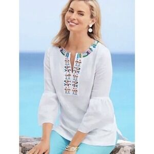 Talbots White Linen Womens V-Neck Tunic Style Top Fish Sequins Embroidery Size S